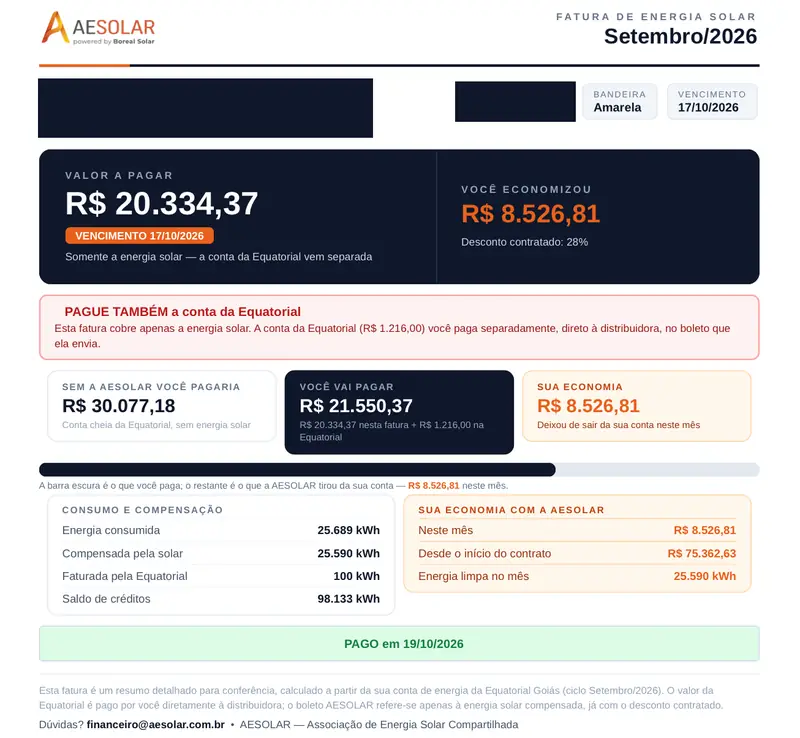 Fatura da AESOLAR de setembro de 2026 de um cliente, com os dados do cliente tarjados