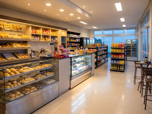 Padaria e mercearia de bairro com as luzes acesas
